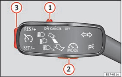A sinistra del piantone dello sterzo: comando e tasti per l'uso del regolatore di velocità.