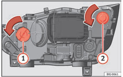 Nel vano motore: lampadina dell'indicatore di direzione 1 e lampadina della luce DRL (luce diurna) 2 .