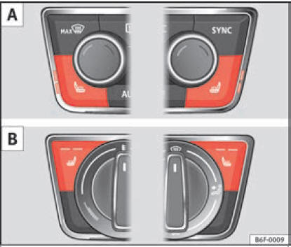  Sulla console centrale: regolatore per il riscaldamento dei sedili anteriori. A: versione con Climatronic. B: versione con climatizzatore manuale.
