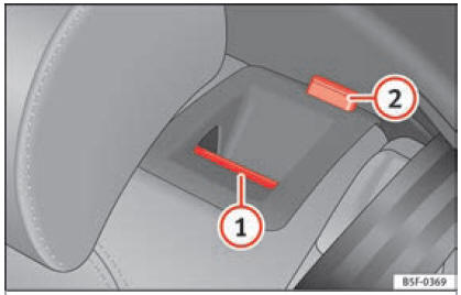 Sullo schienale del sedile posteriore: tasto di sblocco 1 ; tacca rossa 2