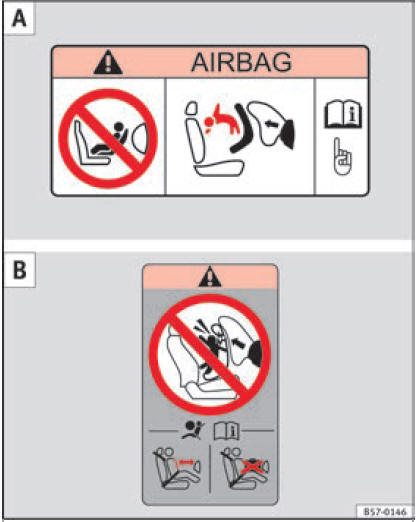 Adesivi dell'airbag - versione 2: sull'aletta parasole lato passeggero A e nel telaio posteriore della porta del passeggero B.